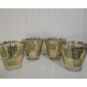 Set of 4 Vintage Whiskey Glasses Prado By Culver 22k Gold / Chartreuse Print
